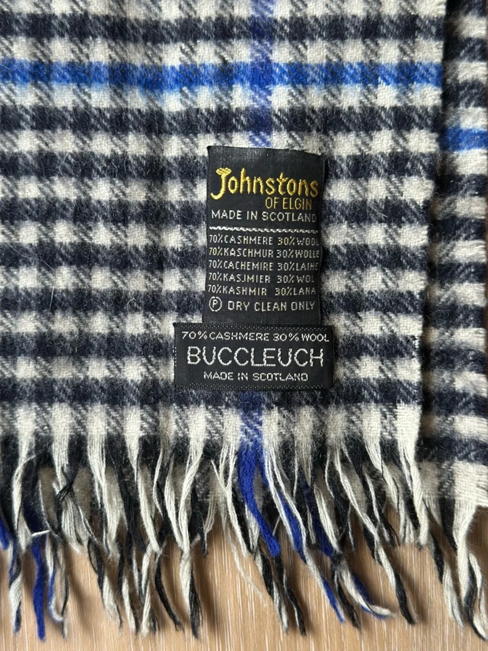 Johnstons of Elgin Cashmere Wool Scarf Made in Scotland - Blue Check